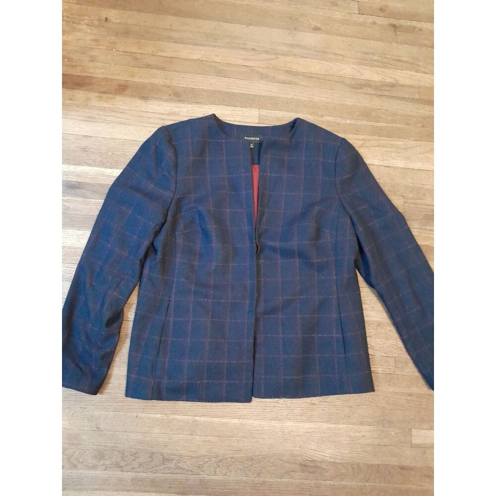 Talbots Wool Blend Career Formal Academia Preppy Size 14 Windowpane Blazer Blue - Picture 2 of 11